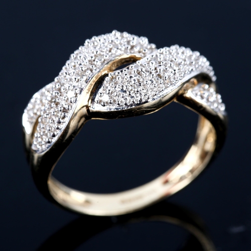 750 - A modern 9ct gold diamond cluster twist ring, setting height 9.9mm, size M, 3.1g