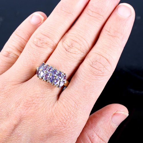 751 - A modern 9ct gold tanzanite and diamond half hoop ring, set with pear-cut tanzanites and single-cut ... 