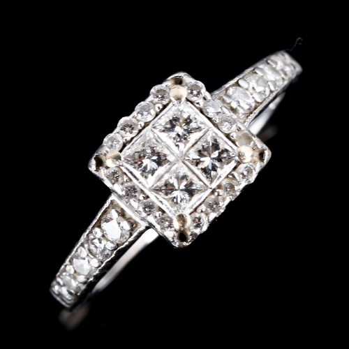 758 - A modern diamond square cluster dress ring, unmarked white gold settings with Princess and round bri... 