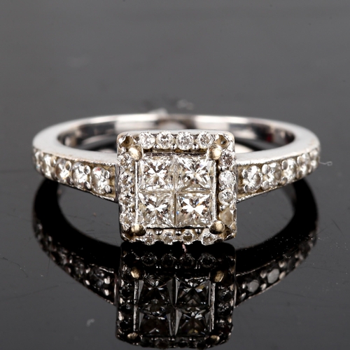 758 - A modern diamond square cluster dress ring, unmarked white gold settings with Princess and round bri... 