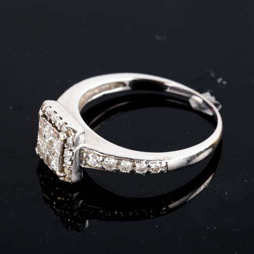 758 - A modern diamond square cluster dress ring, unmarked white gold settings with Princess and round bri... 