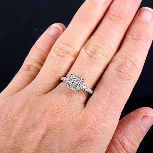 758 - A modern diamond square cluster dress ring, unmarked white gold settings with Princess and round bri... 