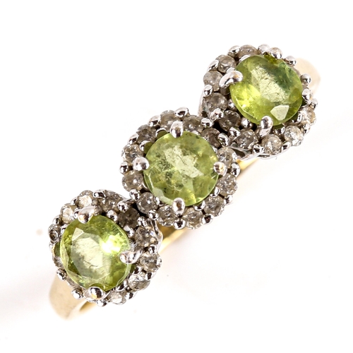 760 - A modern 9ct gold peridot and diamond triple-cluster dress ring, set with round-cut stones, total di... 