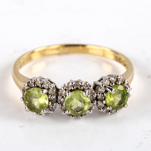 760 - A modern 9ct gold peridot and diamond triple-cluster dress ring, set with round-cut stones, total di... 