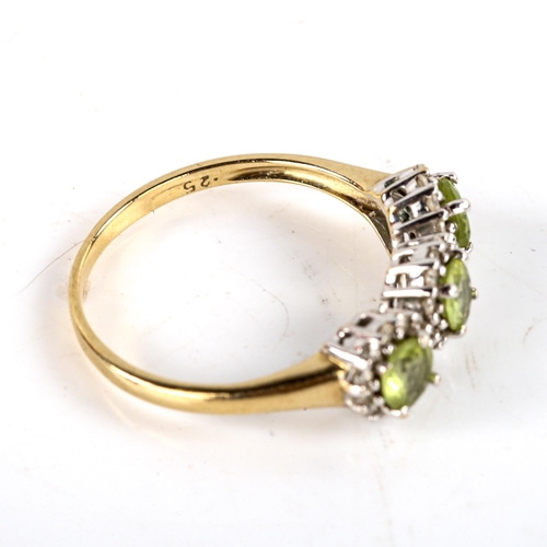 760 - A modern 9ct gold peridot and diamond triple-cluster dress ring, set with round-cut stones, total di... 