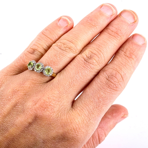 760 - A modern 9ct gold peridot and diamond triple-cluster dress ring, set with round-cut stones, total di... 