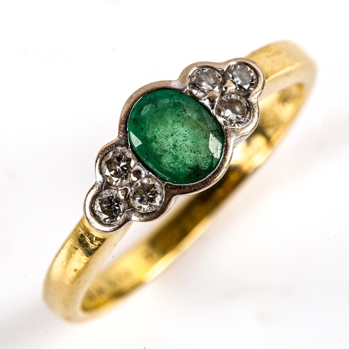 764 - A modern 18ct gold emerald and diamond cluster dress ring, bezel set with oval mixed-cut emerald and... 