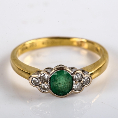 764 - A modern 18ct gold emerald and diamond cluster dress ring, bezel set with oval mixed-cut emerald and... 