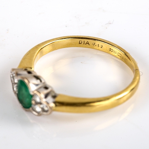 764 - A modern 18ct gold emerald and diamond cluster dress ring, bezel set with oval mixed-cut emerald and... 