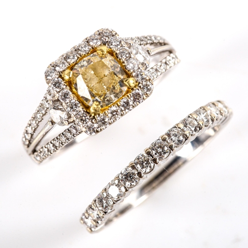 765 - A modern 18ct white gold fancy yellow diamond and diamond square halo cluster ring, set with 0.75ct ... 