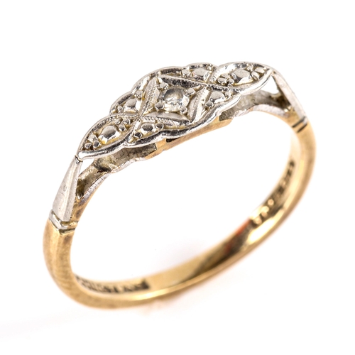 766 - An early 20th century 9ct gold diamond panel ring, platinum tops with a single-cut diamond, setting ... 