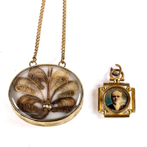 770 - A Victorian memorial hair panel pendant necklace, and a small gilt-metal locket, largest pendant len... 