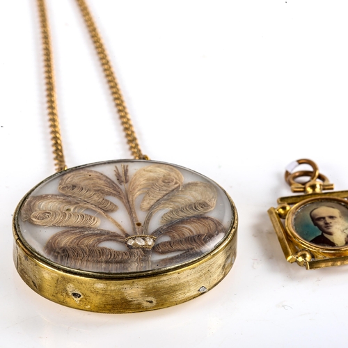 770 - A Victorian memorial hair panel pendant necklace, and a small gilt-metal locket, largest pendant len... 