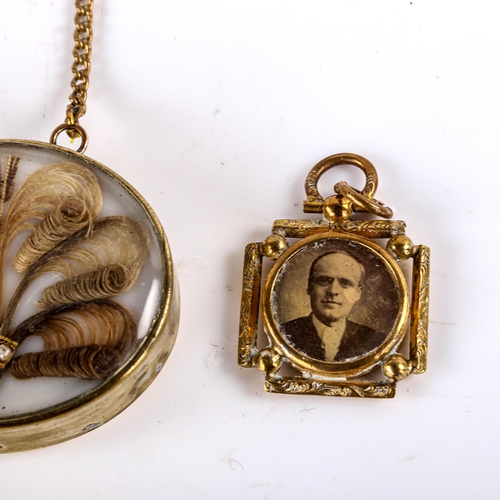 770 - A Victorian memorial hair panel pendant necklace, and a small gilt-metal locket, largest pendant len... 