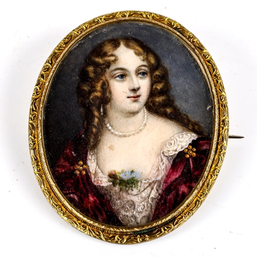 773 - A Georgian double-sided hand painted miniature portrait brooch, in gilt-metal frame, brooch height 6... 