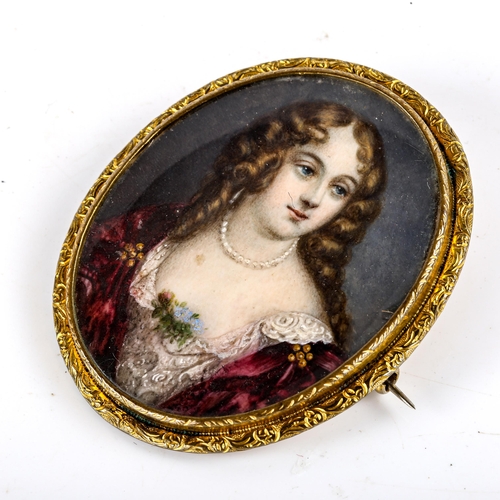 773 - A Georgian double-sided hand painted miniature portrait brooch, in gilt-metal frame, brooch height 6... 