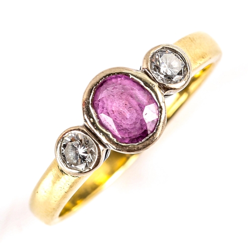 783 - A modern 18ct gold 3-stone ruby and diamond dress ring, bezel set with oval mixed-cut ruby and round... 