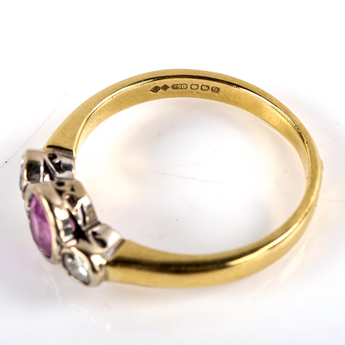 783 - A modern 18ct gold 3-stone ruby and diamond dress ring, bezel set with oval mixed-cut ruby and round... 