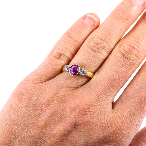 783 - A modern 18ct gold 3-stone ruby and diamond dress ring, bezel set with oval mixed-cut ruby and round... 