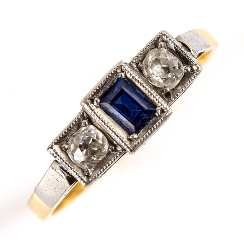 785 - An Art Deco 18ct gold 3-stone sapphire and diamond ring, platinum top settings with rectangular step... 