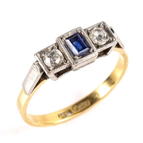 785 - An Art Deco 18ct gold 3-stone sapphire and diamond ring, platinum top settings with rectangular step... 