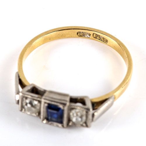 785 - An Art Deco 18ct gold 3-stone sapphire and diamond ring, platinum top settings with rectangular step... 