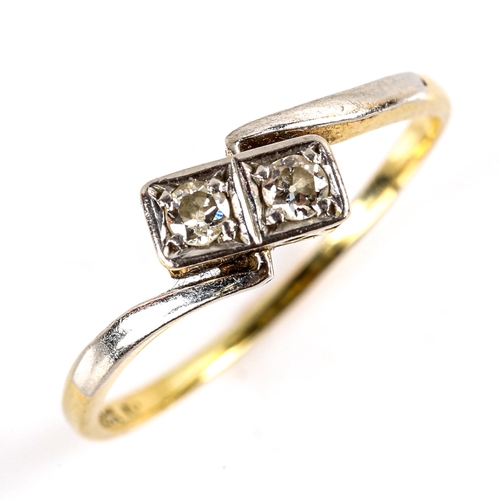 788 - An early 20th century 18ct gold 2-stone diamond crossover ring, platinum tops with round-cut diamond... 