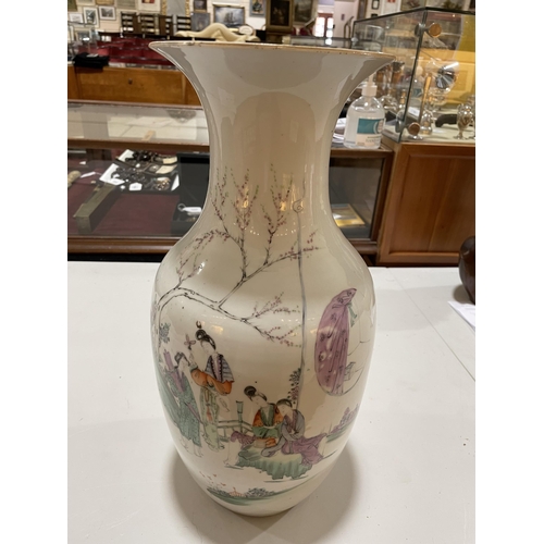 174 - A Chinese white glaze porcelain vase, hand painted ladies in gardens with lines of text, height 43cm... 