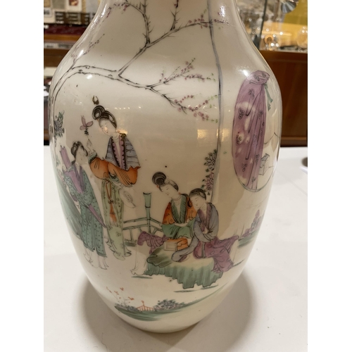 174 - A Chinese white glaze porcelain vase, hand painted ladies in gardens with lines of text, height 43cm... 