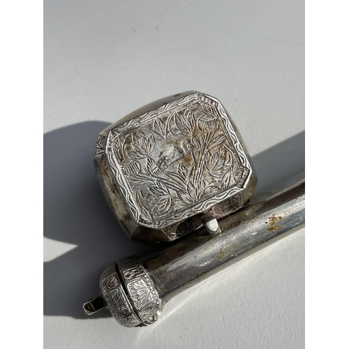 547 - A heavy Persian silver scribe's travelling pen box and inkwell (qalamdan), engraved foliate decorati... 