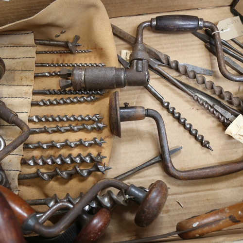 69 - Various Antique tools, including William Marples brace drill, graduated drill bits, hand saw etc (bo... 