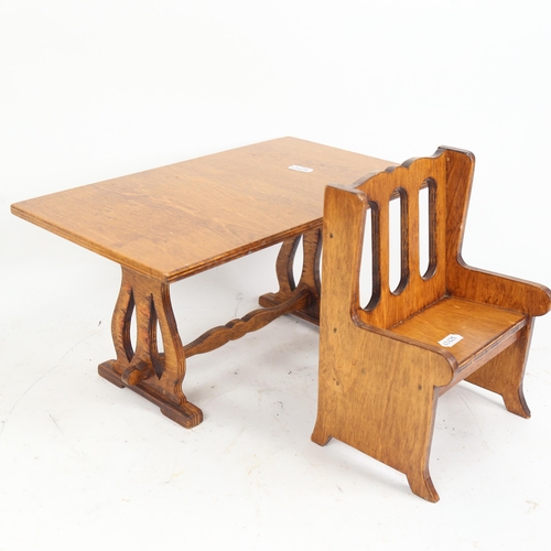 75 - A Vintage doll's stained plywood refectory dining table, and settles, table length 36cm (3)