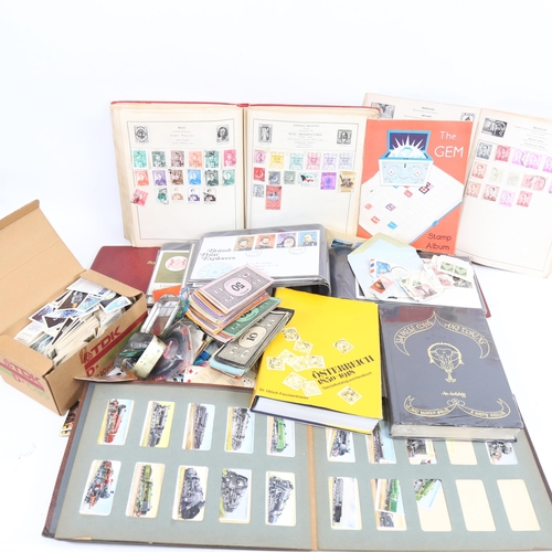 79 - Vintage world postage stamp album, album of First Day Covers, cigarette cards etc (boxful)