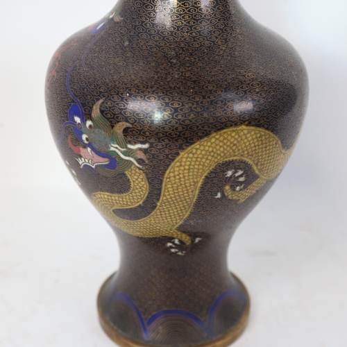 187 - A large Chinese black ground cloisonne enamel baluster dragon vase, height 32cm