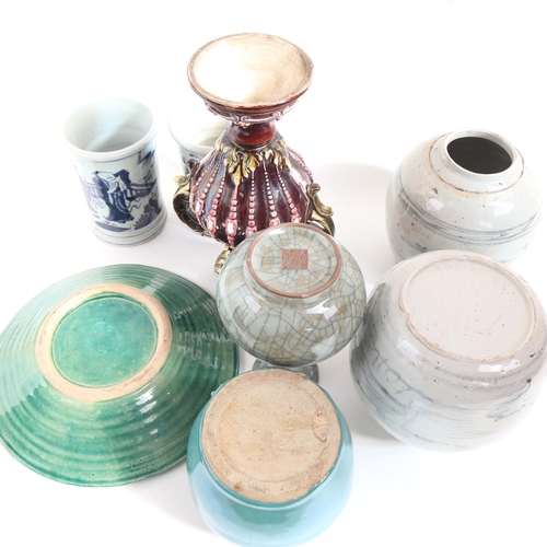 208 - Oriental ceramic ginger jars, pair of blue and white brush washers, crackle glaze vase and a majolic... 