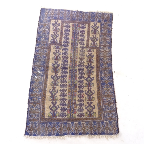 2407 - A blue ground Persian Beluchi prayer rug, 83cm x 142cm