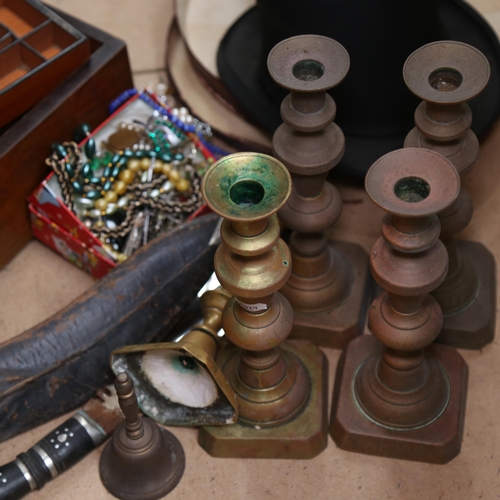 288 - Various collectables, including collapsible top hat, kukri knife, brass candlesticks etc