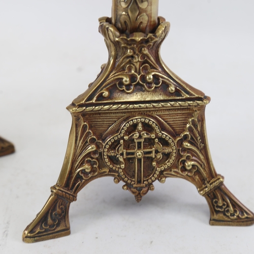 313 - A pair of 19th century French brass Gothic church pricket candlesticks, with fleur de lis stems, ove... 