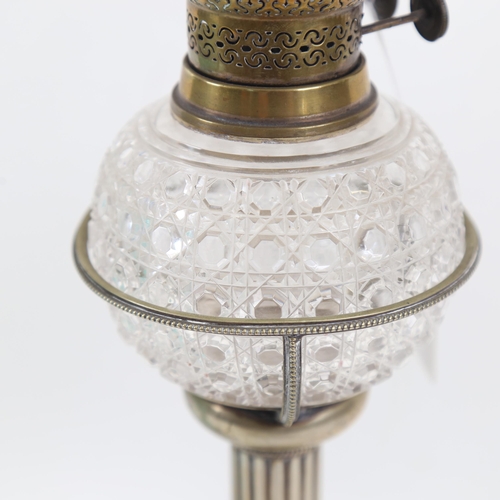 327 - An Antique brass oil lamp with cut-glass font, and another oil lamp with painted decoration, both wi... 