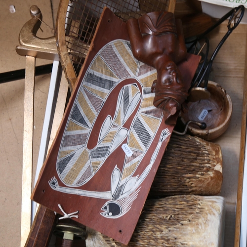 362 - Drums, early tennis racket, picture easel etc