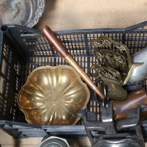 371 - A silver plated basket, copper measure and pan, pewter items etc