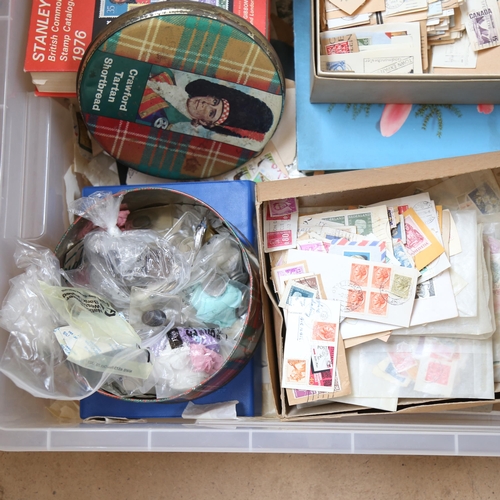 387 - A large boxful of loose postage stamps, postmarks, First Day Covers etc