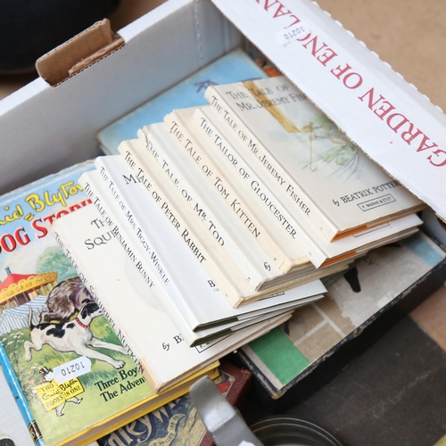 389 - A gilded lacquer box, table linen, travel set, Beatrix Potter books, tankards etc