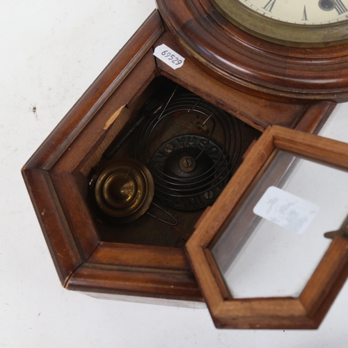 397 - A mahogany-cased drop-dial 8-day wall clock, with key and pendulum, height 42cm