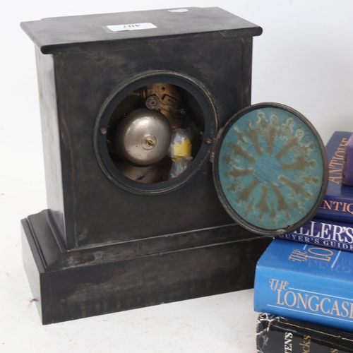 407 - A slate-cased 8-day mantel clock, height 24cm, and various books on clocks and watches