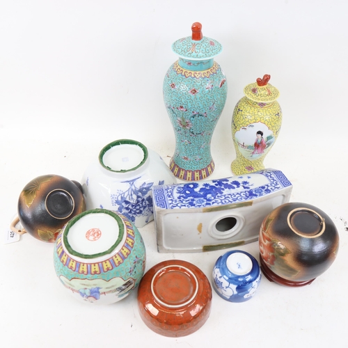 425 - Various Oriental ceramics, including a Chinese turquoise ground vase and cover, with figure decorate... 