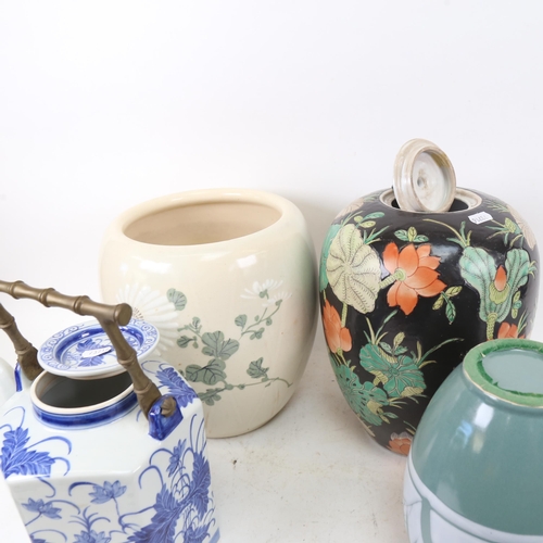 428 - A blanc de chine vase with floral motifs, 19cm, a porcelain tea kettle, a jar and cover and 2 vases ... 