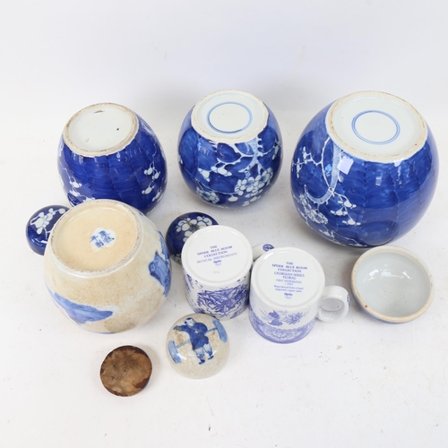 430 - 3 Chinese blue and white ginger jars, with prunus decoration, and another with design figures, and 4... 