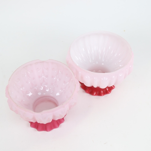 458 - 2 Antique pink and white milk glass lamp shades, 14cm across