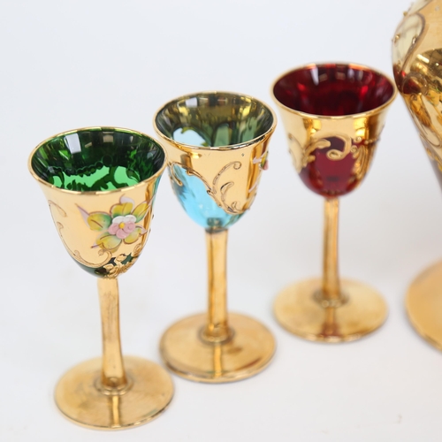 460 - Venetian glass decanter with enamelled and gilded decoration, and 6 liqueur glasses